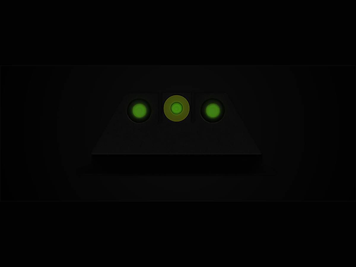 Night Fision Sight Set For Smith & Wesson M&P Shield Series Square Notch with Yellow Outline and Green Tritium - Glow in the Dark Example
